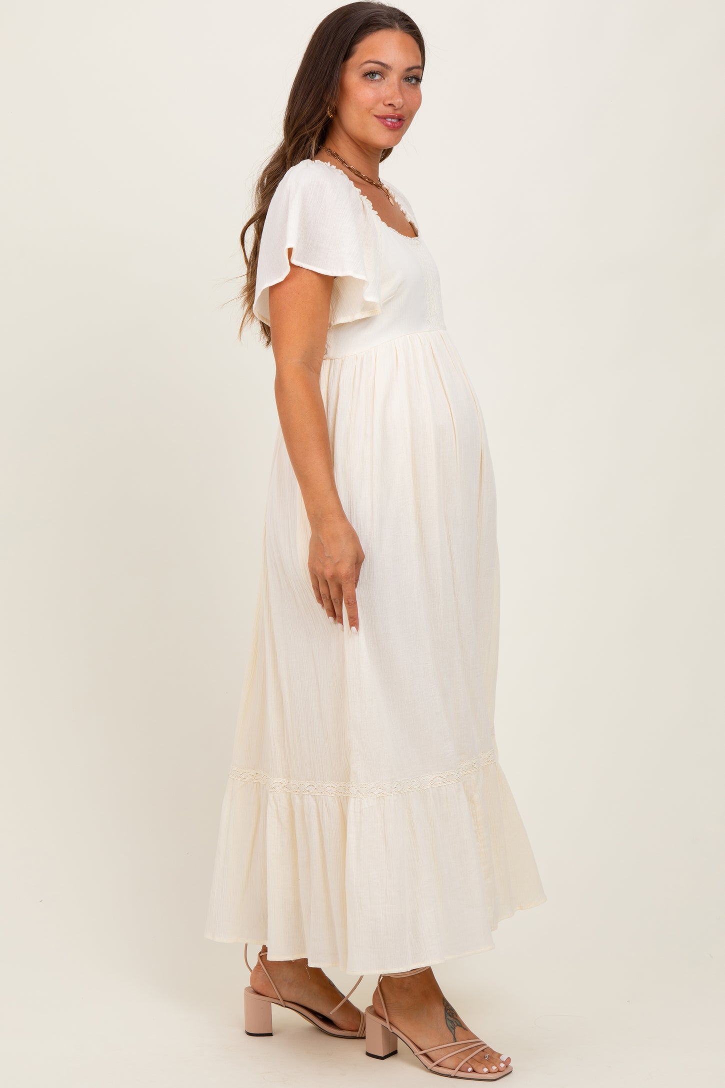Cream Lace Square Neck Maternity Maxi Dress