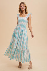 Light Blue Striped Vintage Floral Smocked Maternity Maxi Dress