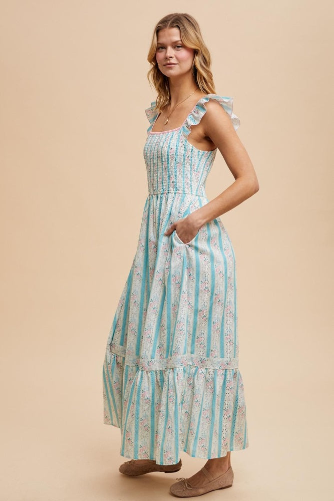 Light Blue Striped Vintage Floral Smocked Maxi Dress