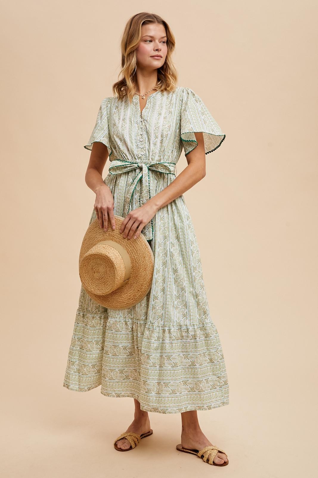 Green Floral Flutter Sleeve Waist Tie Maternity Maxi Dress