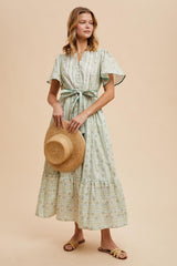 Green Floral Flutter Sleeve Waist Tie Maternity Maxi Dress