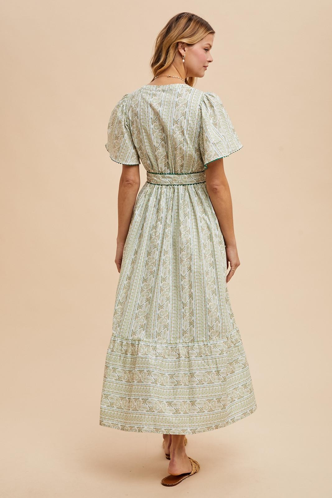 Green Floral Flutter Sleeve Waist Tie Maxi Dress