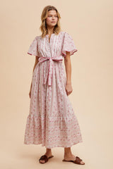 Magenta Floral Flutter Sleeve Waist Tie Maxi Dress