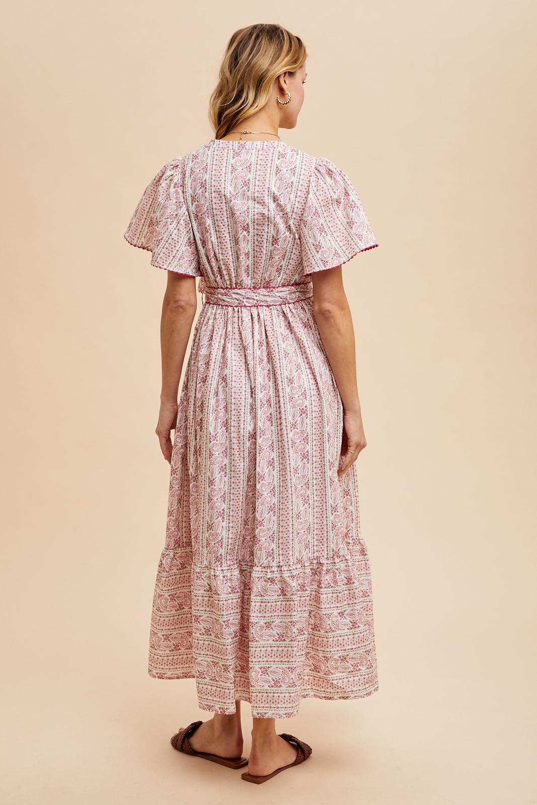 Magenta Floral Flutter Sleeve Waist Tie Maxi Dress