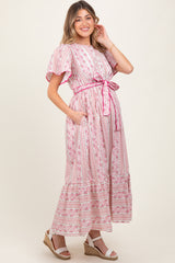Magenta Floral Flutter Sleeve Waist Tie Maternity Maxi Dress
