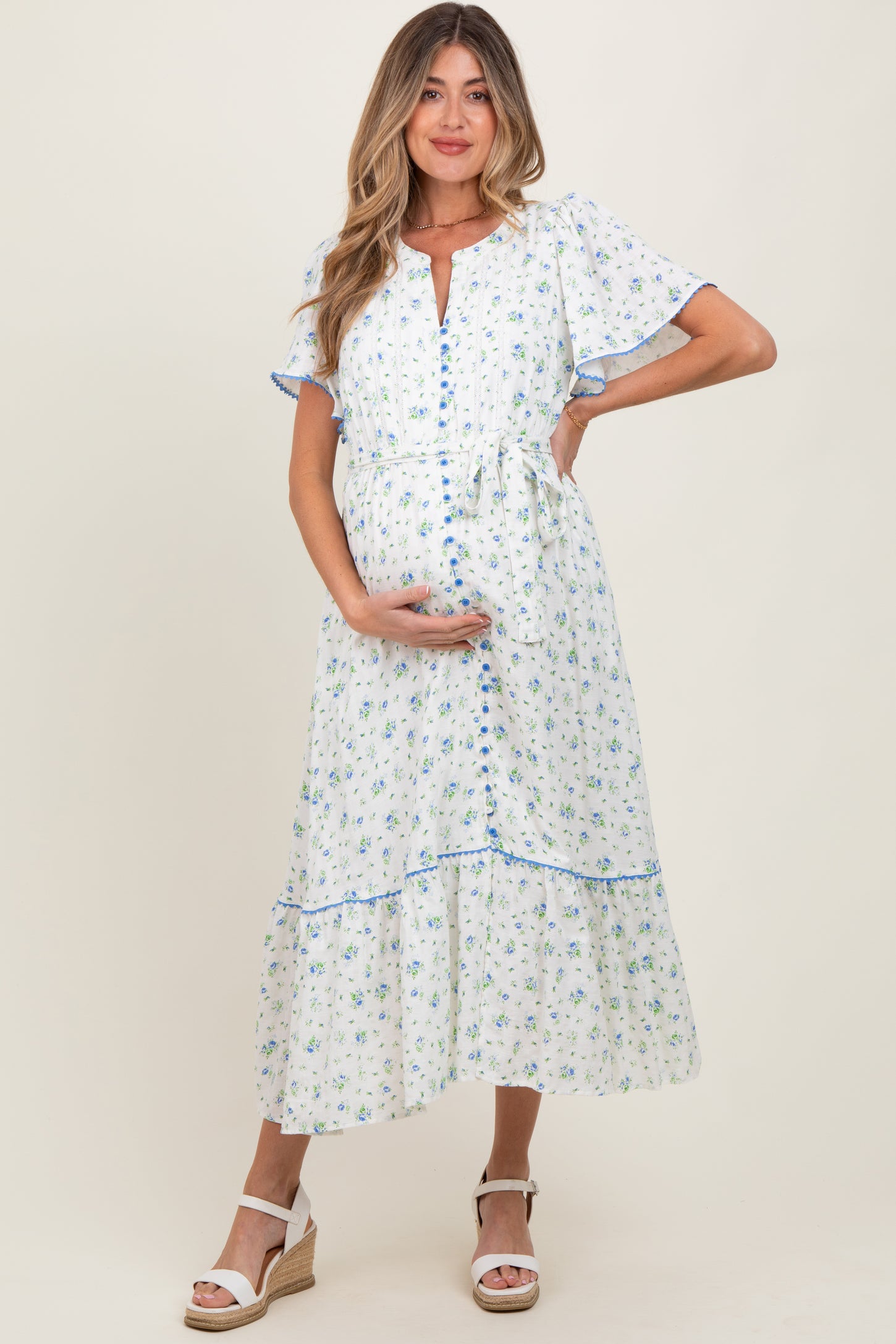 Ivory Floral Button Down Maternity Midi Dress