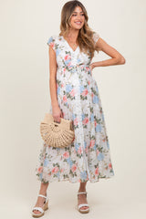 Ivory Garden Floral Lace Trim Button Down Maternity Midi Dress
