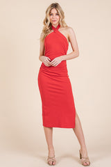 Red Halter Tied Criss-Cross Ribbed Maternity Midi Dress