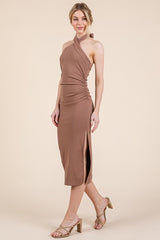 Mocha Halter Tied Criss-Cross Ribbed Midi Dress