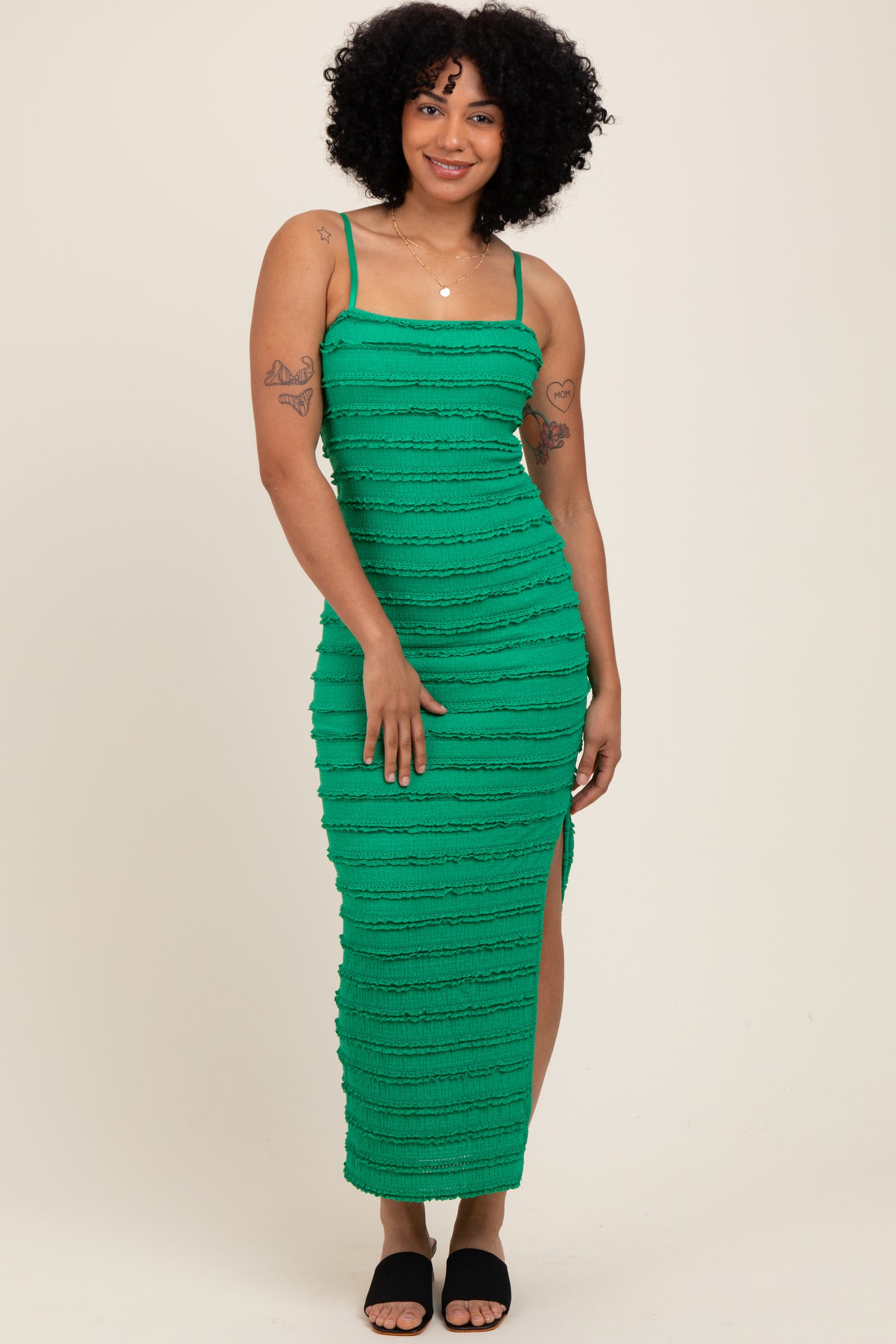 Green Ruffle Tiered Fitted Maternity Maxi Dress