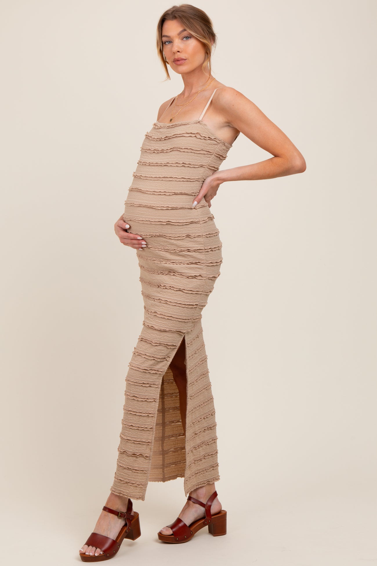 Light Taupe Ruffle Tiered Fitted Maternity Maxi Dress