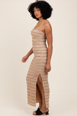 Light Taupe Ruffle Tiered Fitted Maternity Maxi Dress