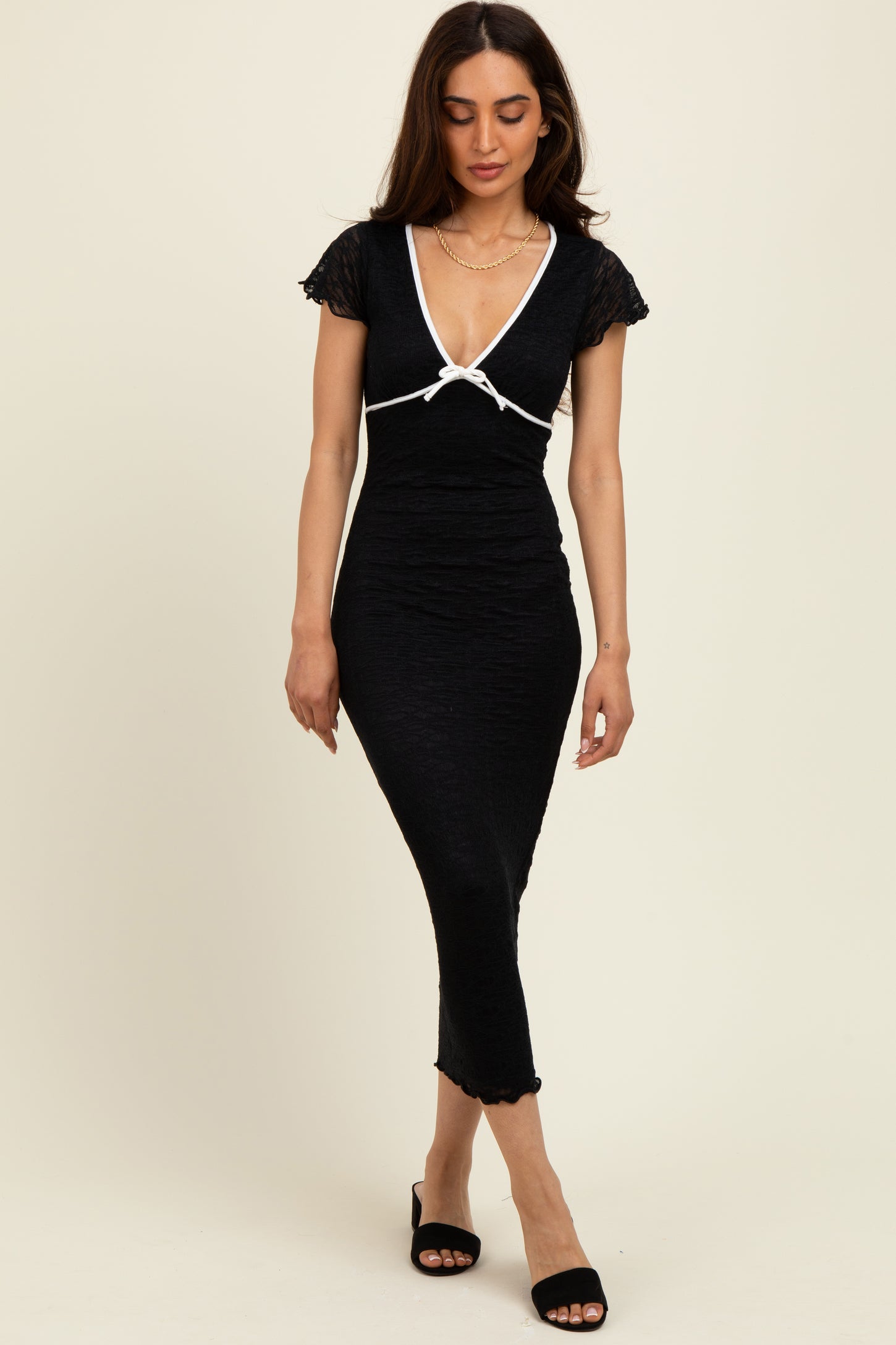 Black Lace Contrast Fitted Maternity Midi Dress