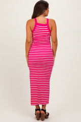 woman wearing a pink and white striped maternity maxi dress with a fitted silhouette from the back