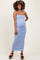 woman wearing a light blue maternity maxi dress, featuring a fitted silhouette and adjustable straps, showing her baby bump