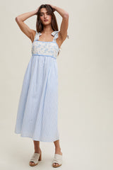 Light Blue Floral Contrast Stripe Shoulder Tie Maternity Midi Dress
