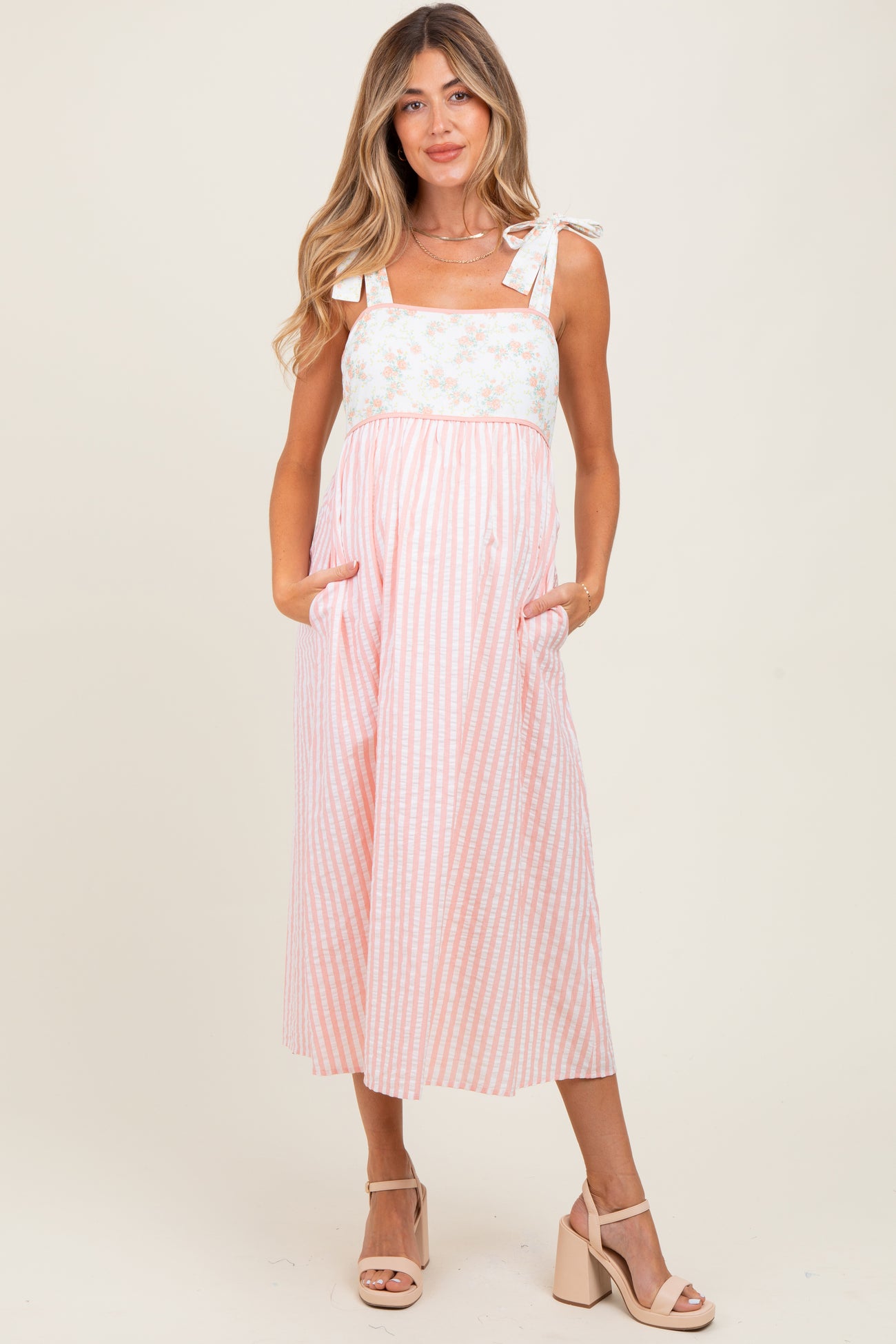 Peach Floral Contrast Stripe Shoulder Tie Maternity Midi Dress
