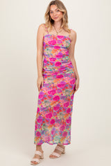 Pink Multi-Color Floral Mesh Ruched Sleeveless Maxi Dress