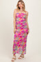 Pink Multi-Color Floral Mesh Ruched Sleeveless Maxi Dress