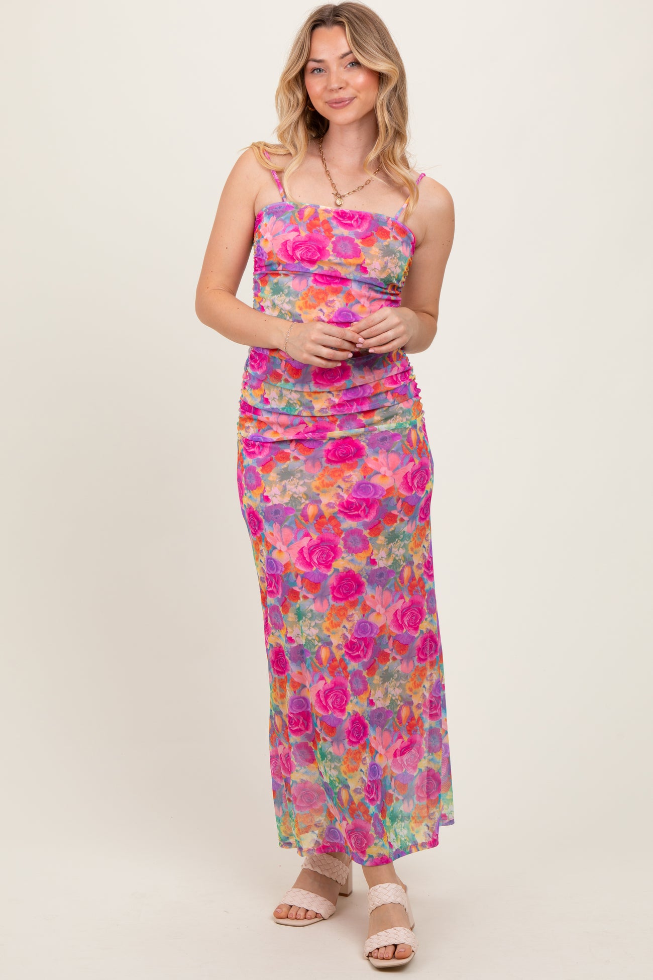 Pink Multi-Color Floral Mesh Ruched Sleeveless Maxi Dress