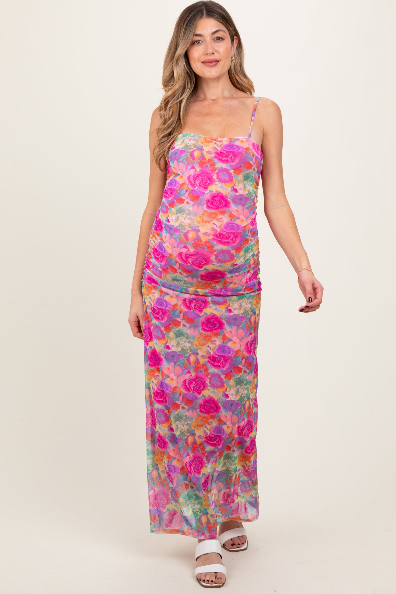 Pink Multi-Color Floral Mesh Ruched Sleeveless Maternity Maxi Dress