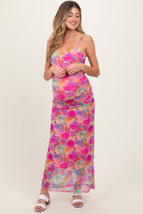 Pink Multi-Color Floral Mesh Ruched Sleeveless Maternity Maxi Dress