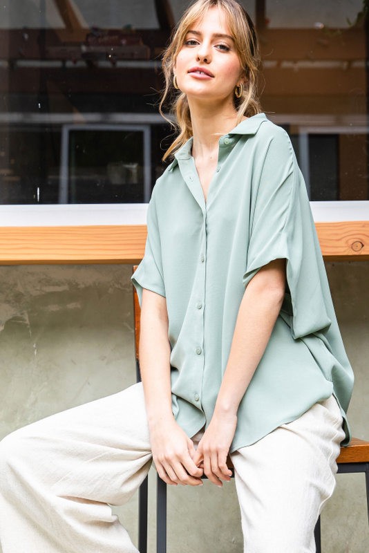 Sage Solid Collared Button-Up Top