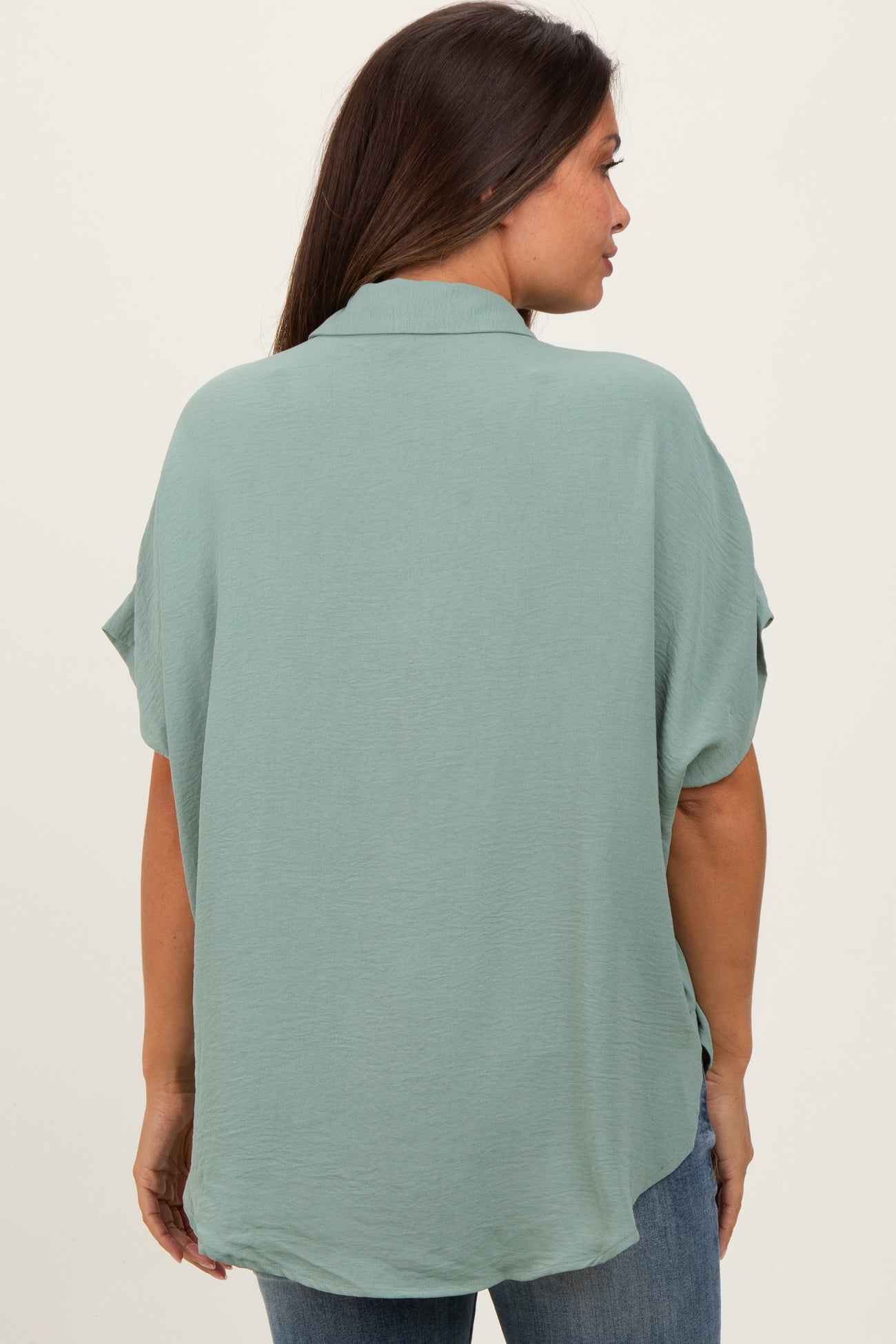 Sage Solid Collared Button-Up Maternity Top
