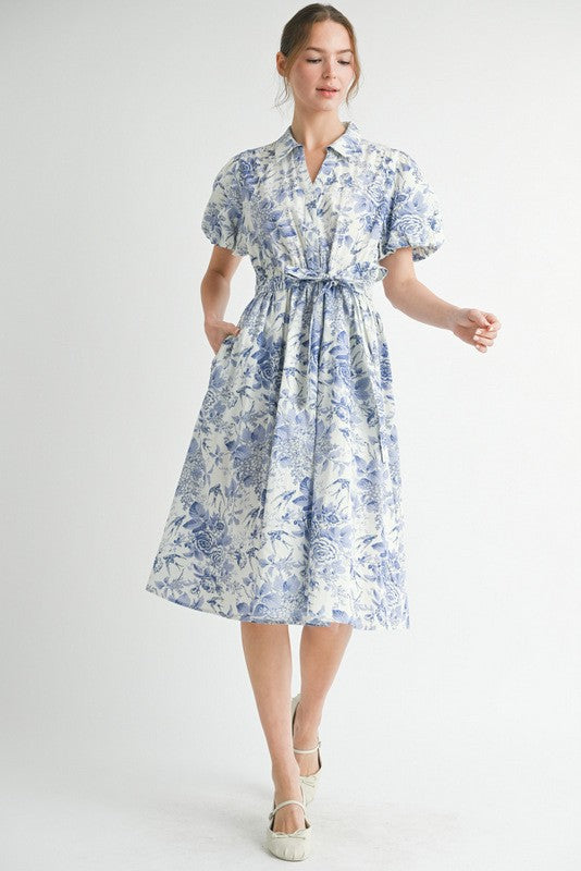 Blue Floral Print Belted Maternity Midi Dress