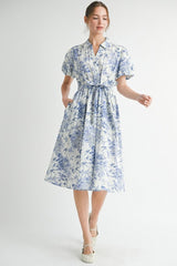 Blue Floral Print Belted Maternity Midi Dress