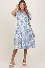 Blue Floral Print Belted Maternity Midi Dress
