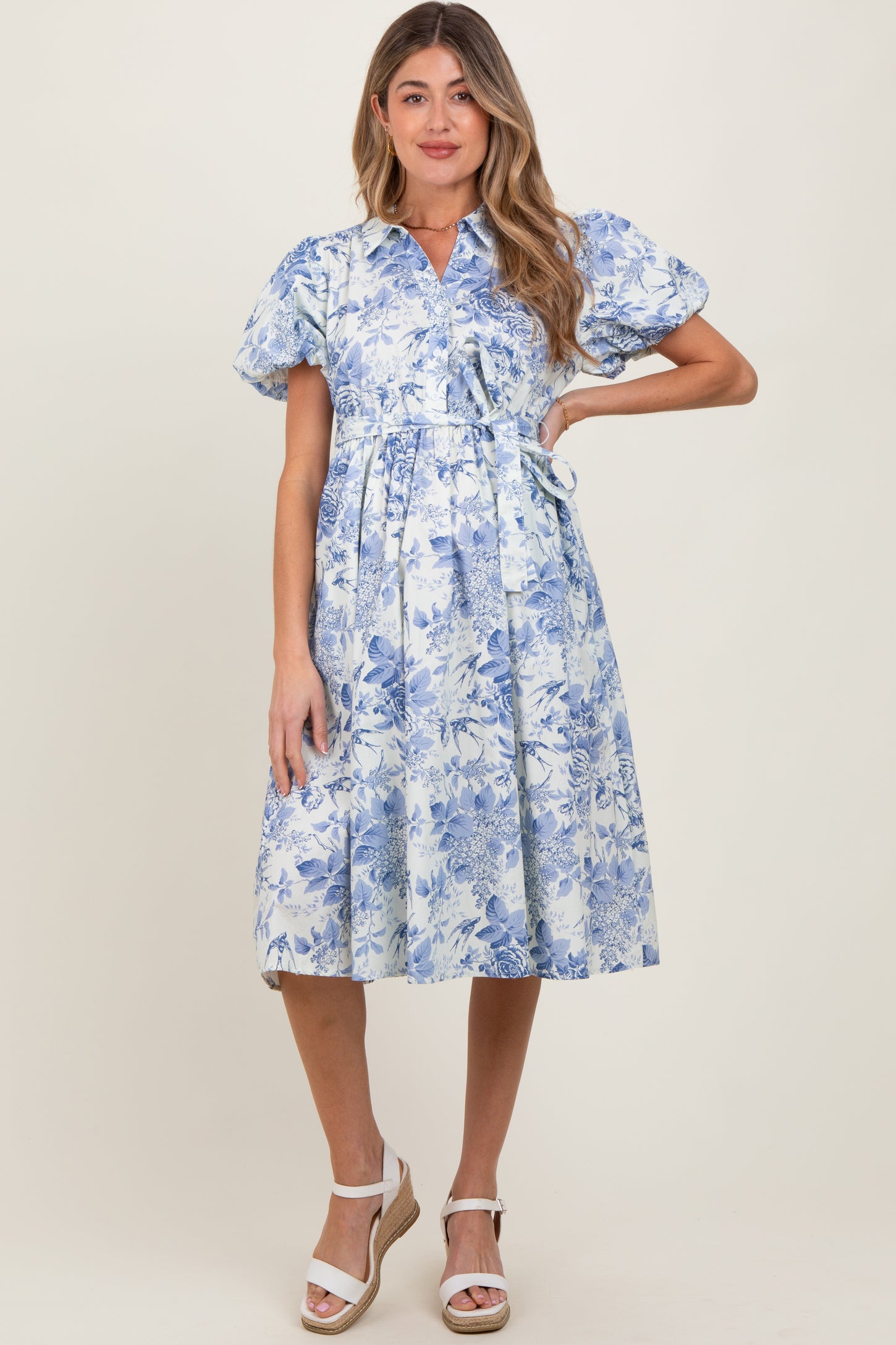Blue Floral Print Belted Maternity Midi Dress