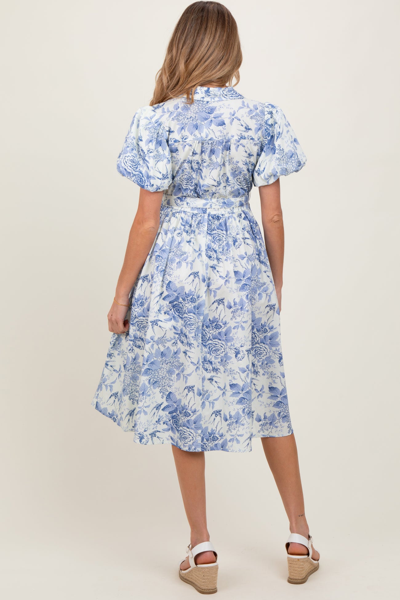 Blue Floral Print Belted Maternity Midi Dress