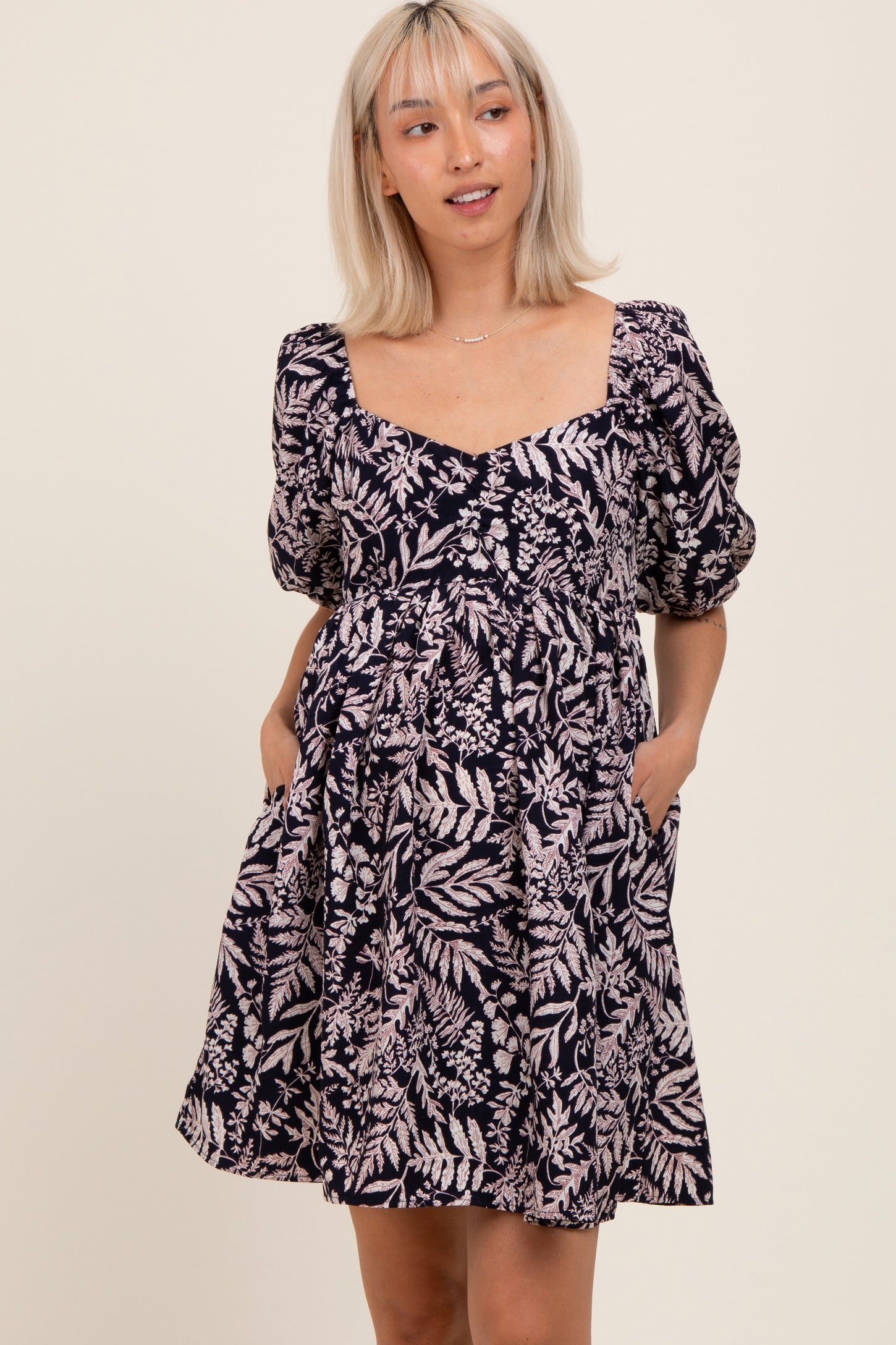Navy Floral Puff Sleeve Maternity Dress