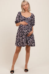 Navy Floral Puff Sleeve Maternity Dress