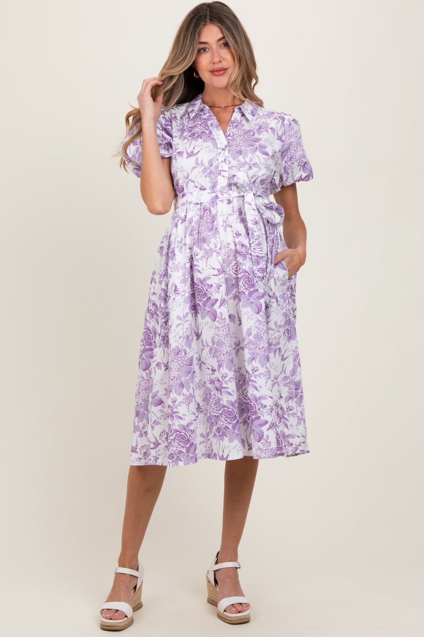 Lavender Floral Print Belted Maternity Midi Dress