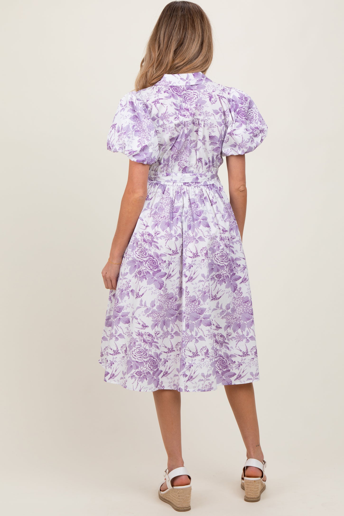 Lavender Floral Print Belted Maternity Midi Dress