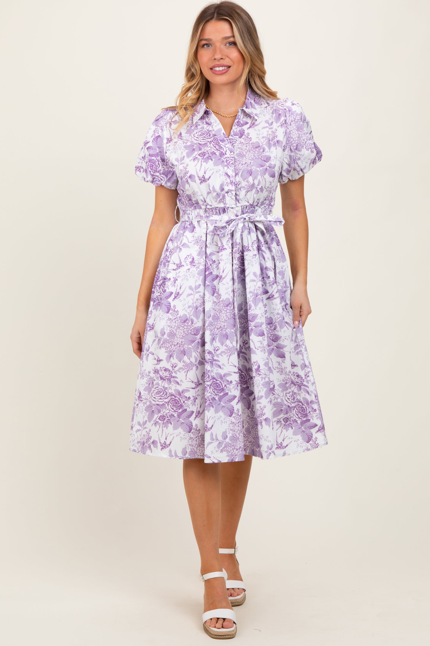 Lavender Floral Print Belted Midi Dress