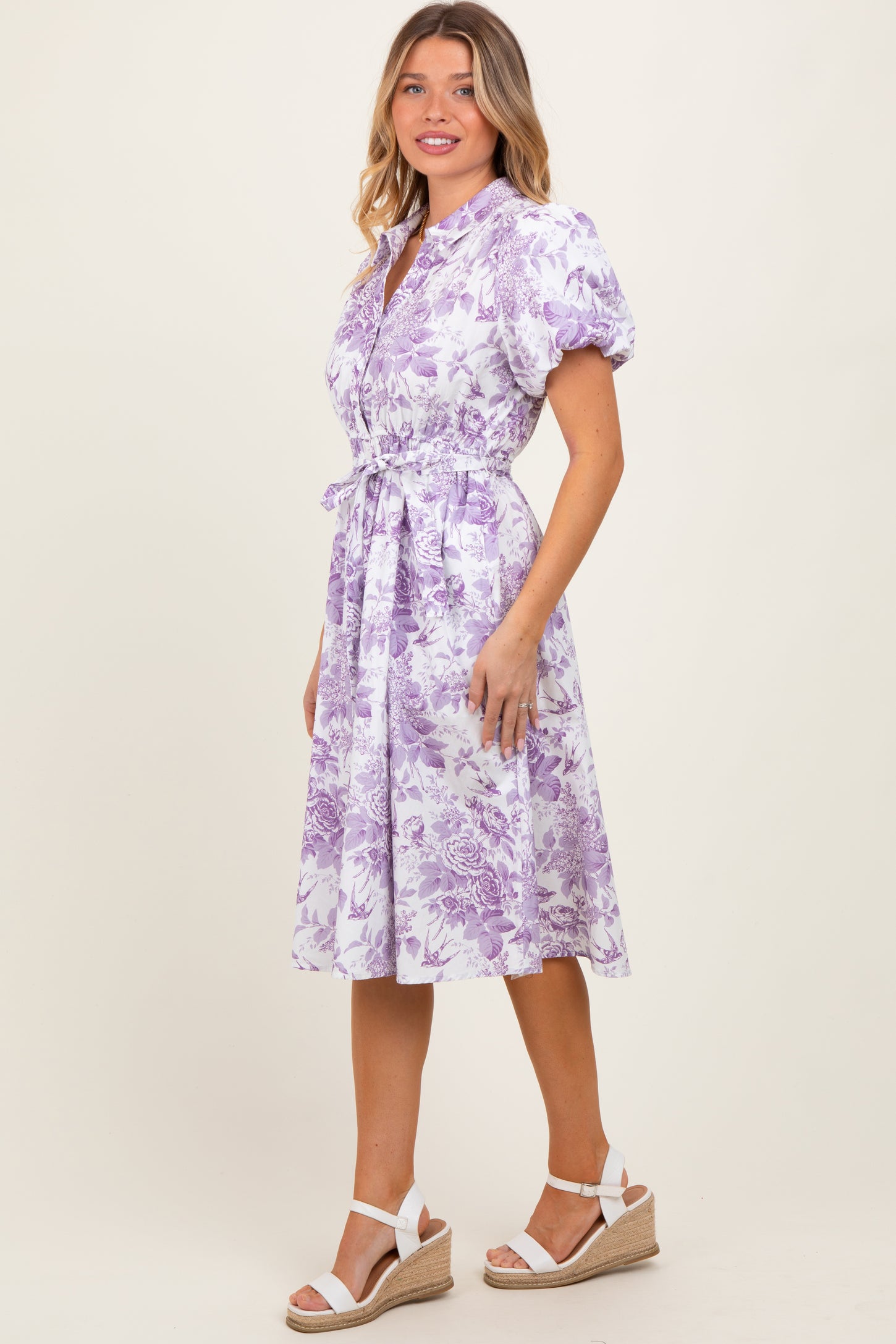 Lavender Floral Print Belted Midi Dress