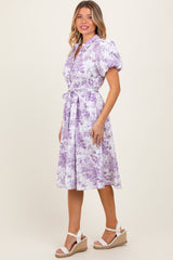 Lavender Floral Print Belted Midi Dress