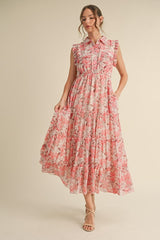 Pink Floral Print Chiffon Tiered Maxi Dress