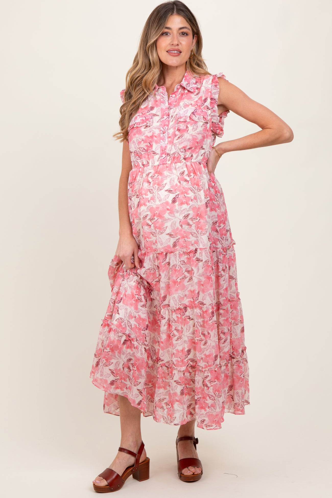 Pink Floral Print Chiffon Tiered Maternity Maxi Dress