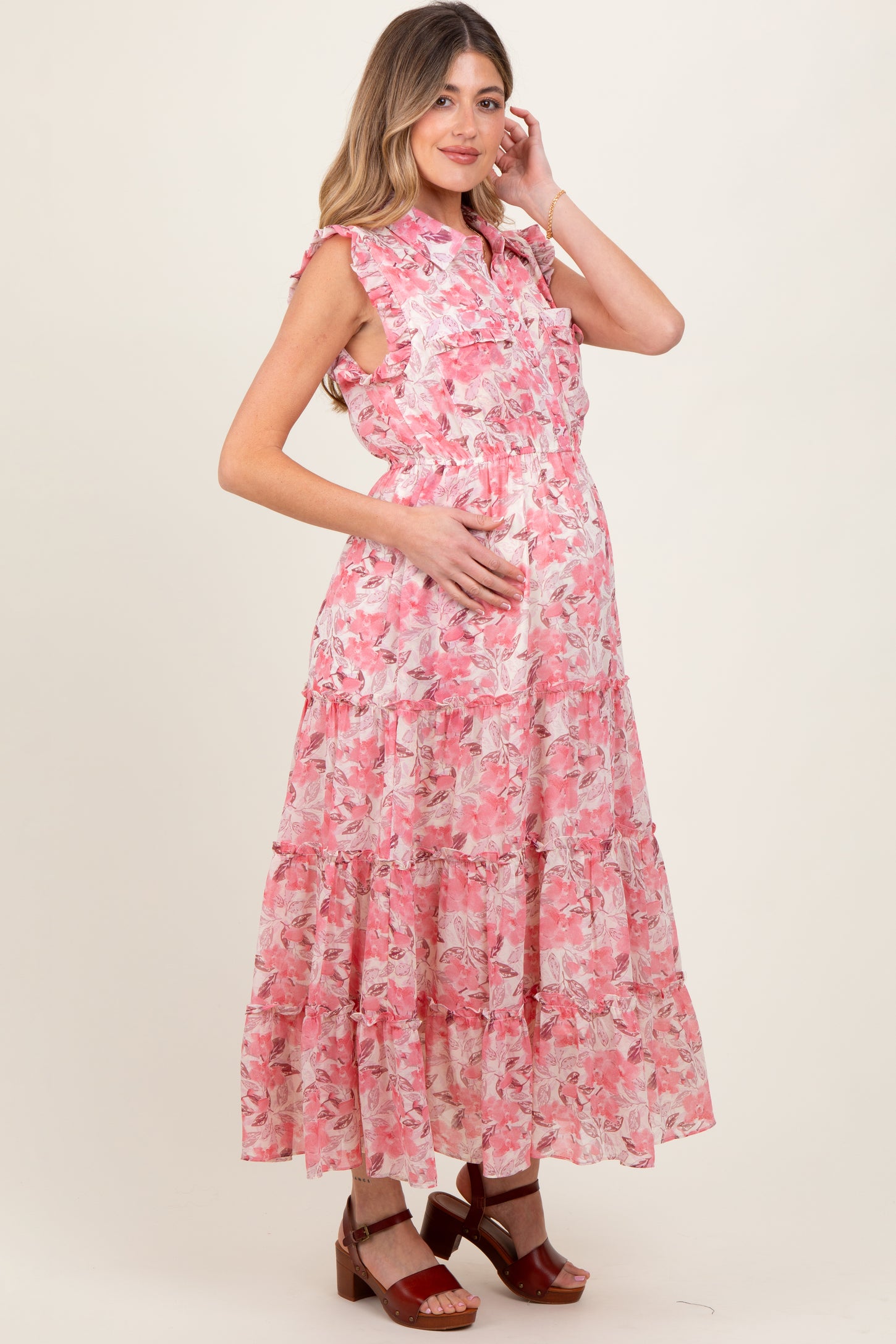Pink Floral Print Chiffon Tiered Maternity Maxi Dress