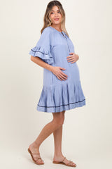 Light Blue Solid Short Sleeve Pocketed Maternity Dress
