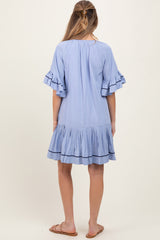 Light Blue Solid Short Sleeve Pocketed Maternity Dress