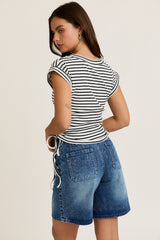 White Striped Ruched Side Tie Top