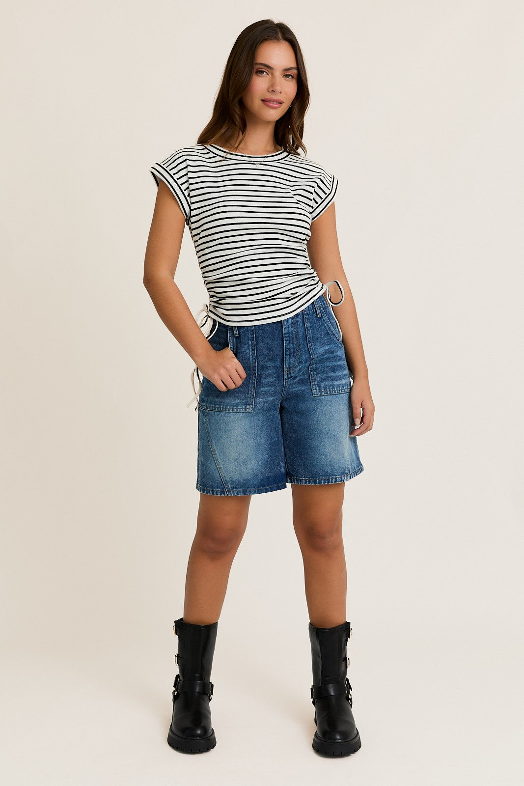 White Striped Ruched Side Tie Top