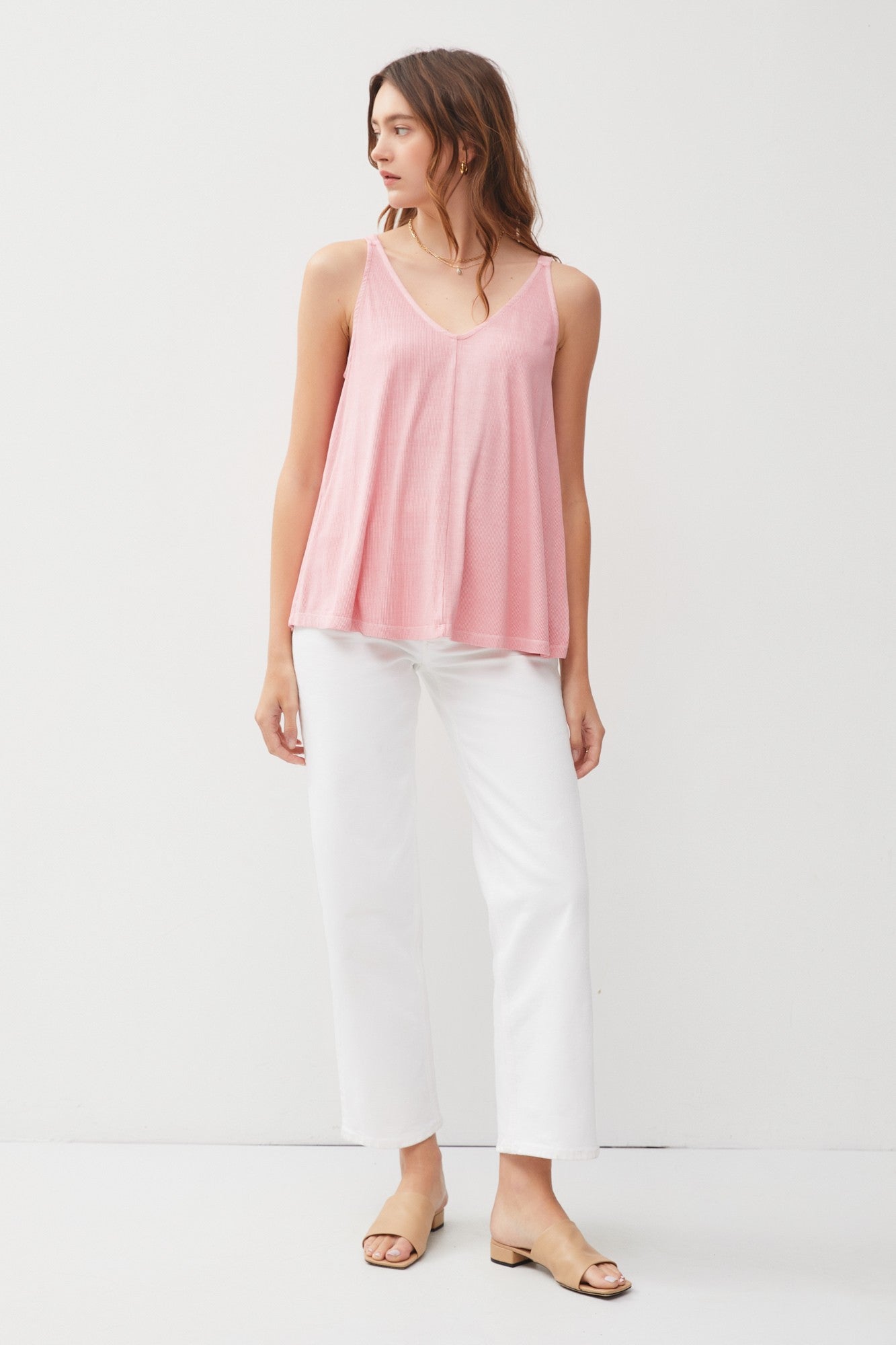 Light Pink Ribbed V-Neck Flowy Tank