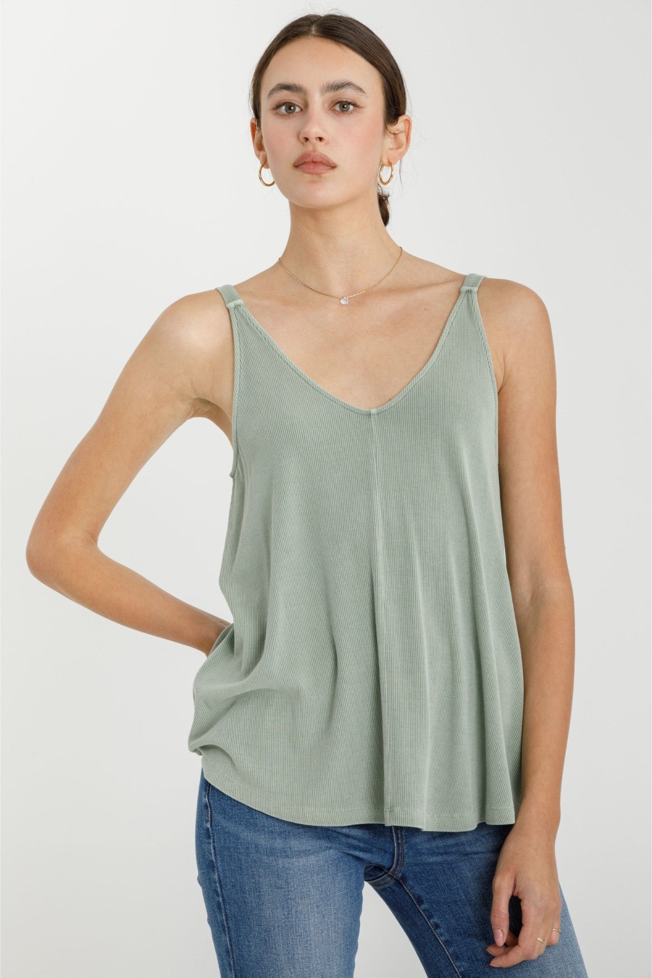 Light Olive Ribbed V-Neck Flowy Tank