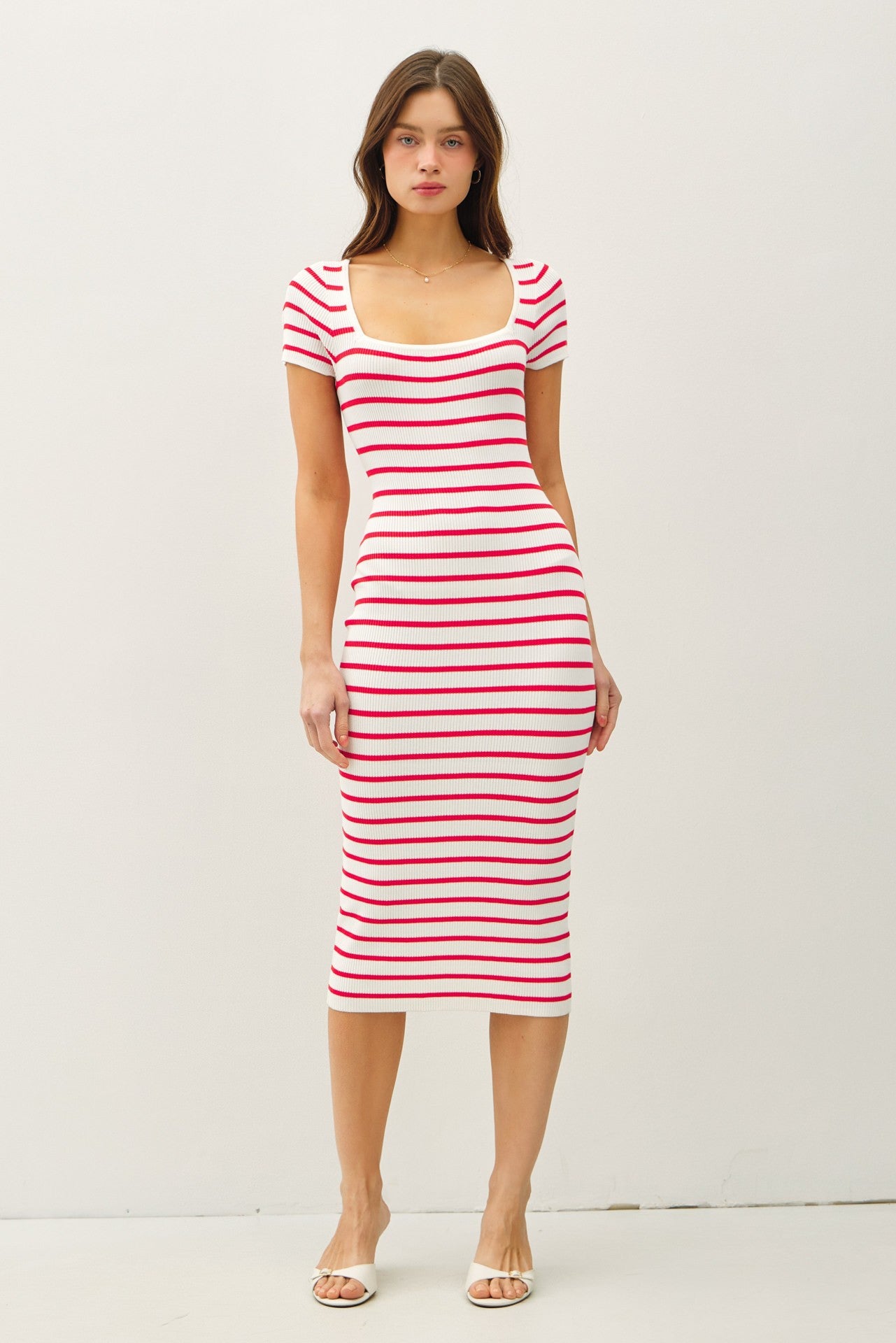 Red Striped Square Neck Short Sleeve Maternity Midi Dress